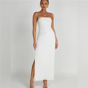 NWT Meshki White Skye Lace Plisse Strapless Midi Dress